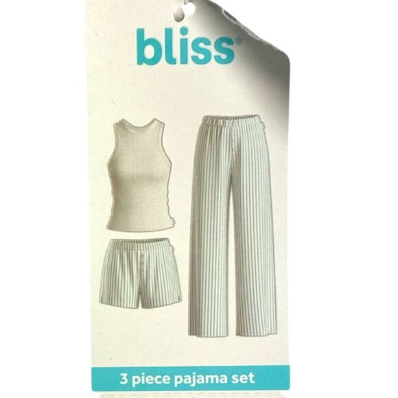 Bliss Womens Blue White Rib Tank Shorts And Pants Pajama 3 Pc Sets Sz XL New - Picture 5 of 9